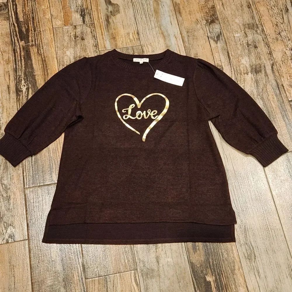 🔸️NWT Joie de Vivre Brown & Gold "Love" Lightweight Sweater Large